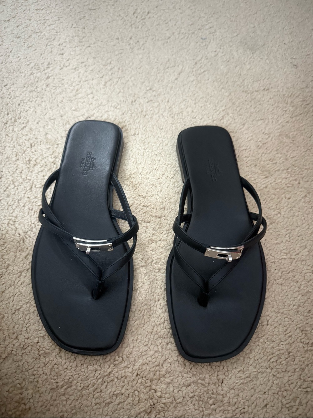 Hermes Black Leather Cross-Strap Thong Sandals with Silver Accents